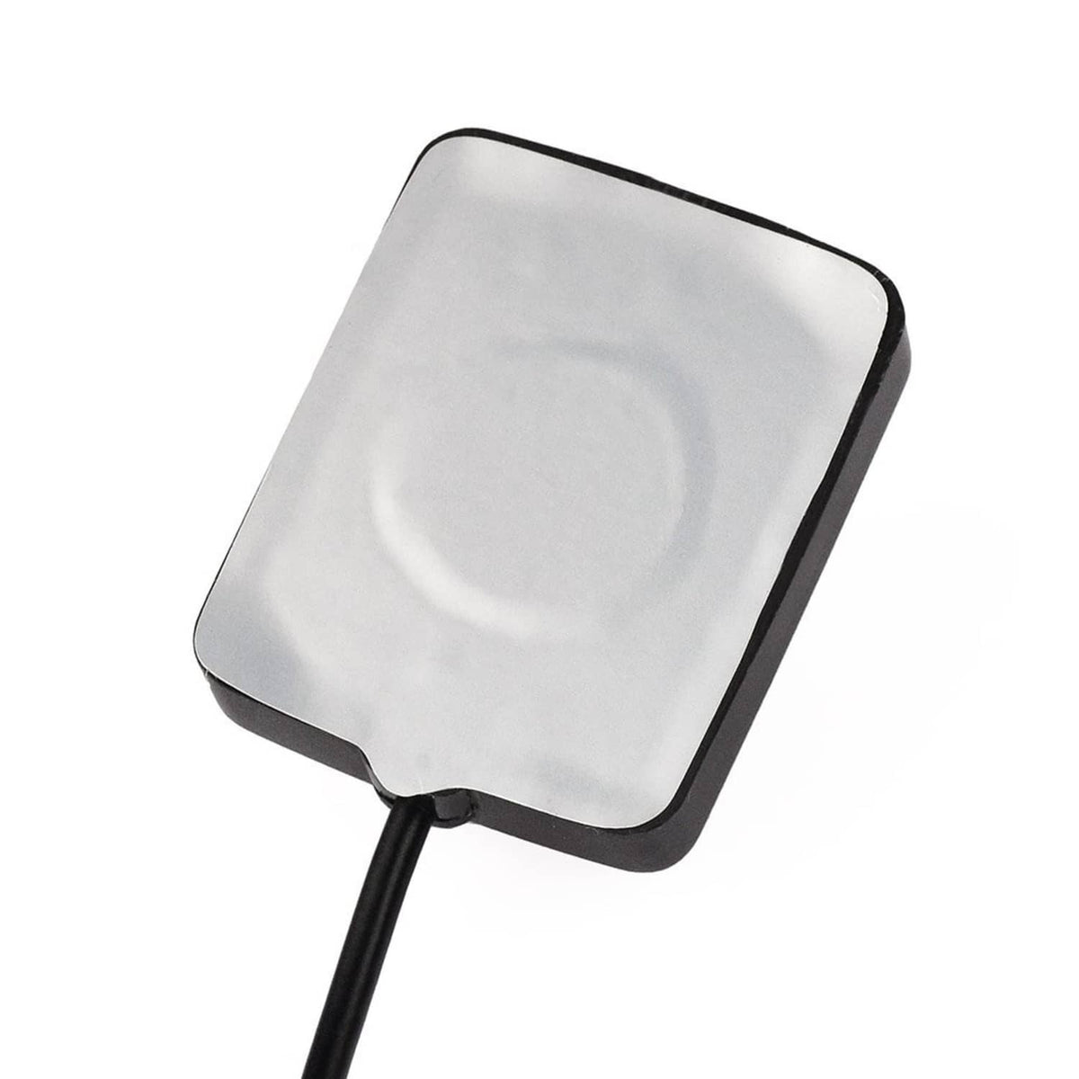 Black square antenna puck with attached black coax cable lead