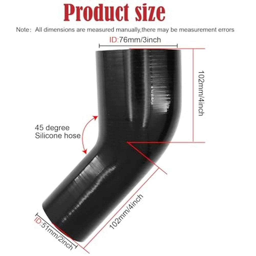 45° silicone hose elbow reducer coupler showing curved form with labeled inlet and outlet sizes