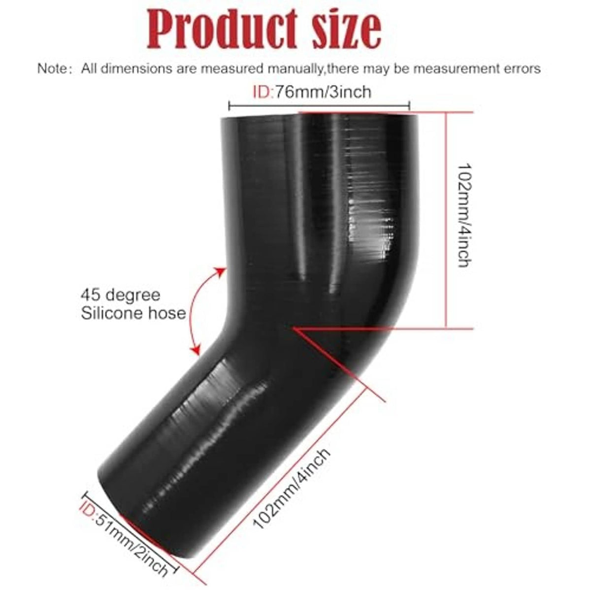 45° silicone hose elbow reducer coupler showing curved form with labeled inlet and outlet sizes