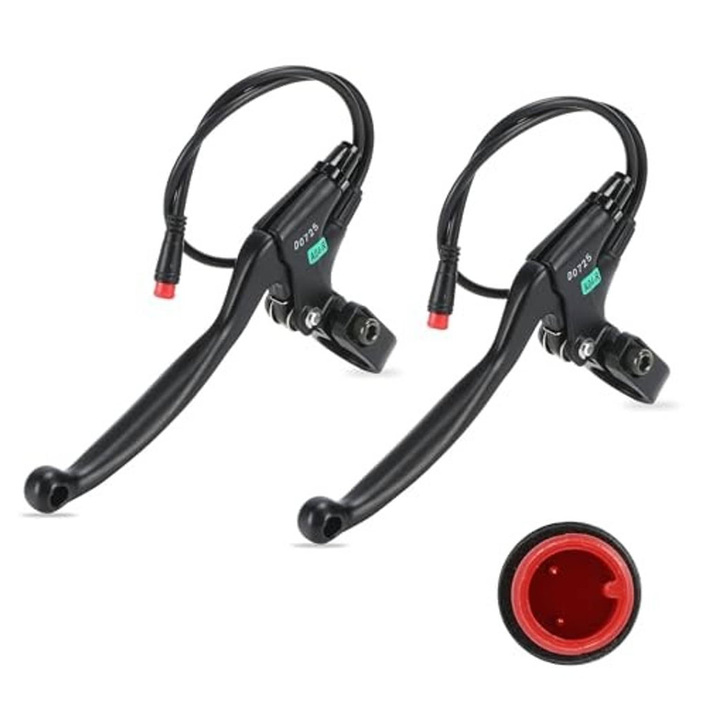 Pair of black e-bike mechanical brake levers with long cables and red connector caps