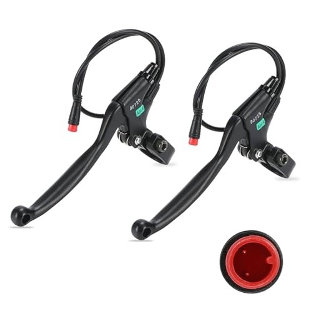 Pair of black e-bike mechanical brake levers with long cables and red connector caps