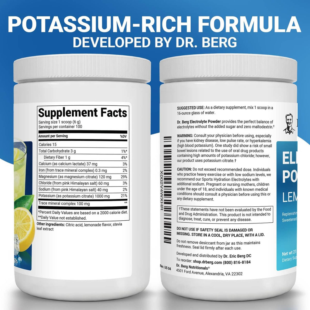 Dr. Berg Electrolyte Powder Lemonade back-label view on two supplement jars, white caps