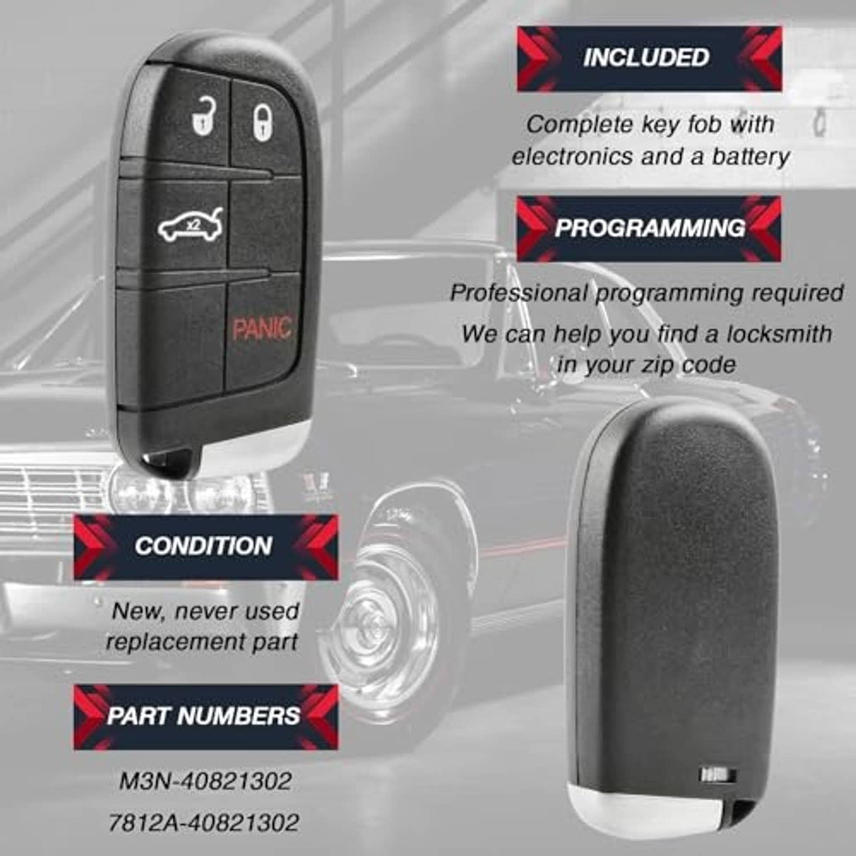 Black 4-button car key fob remote with battery compartment visible at base