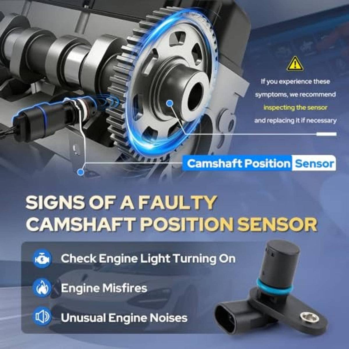 Camshaft position sensor warning infographic with black sensor and blue O-ring