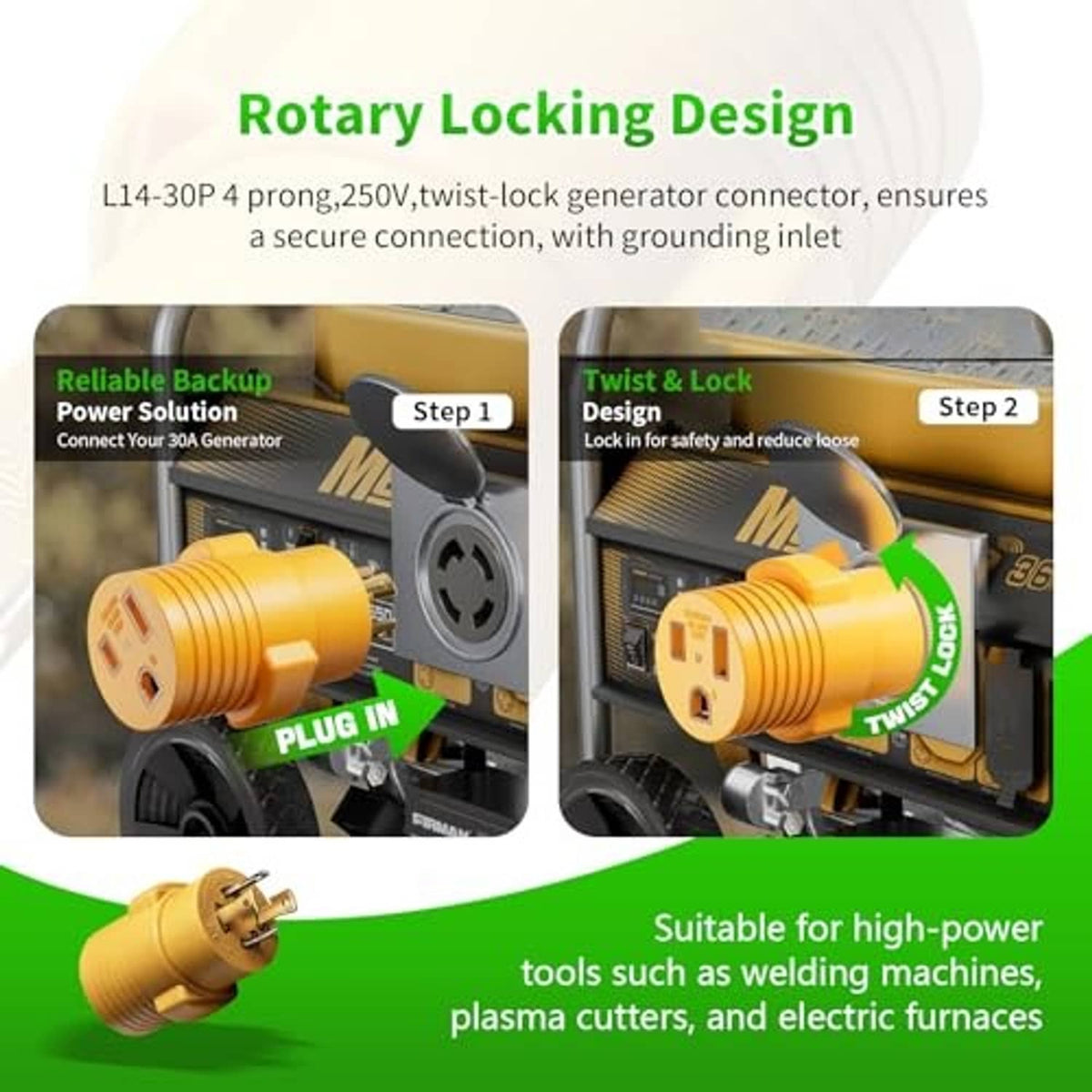 Yellow twist-lock generator connector with grounded prongs and circular locking end