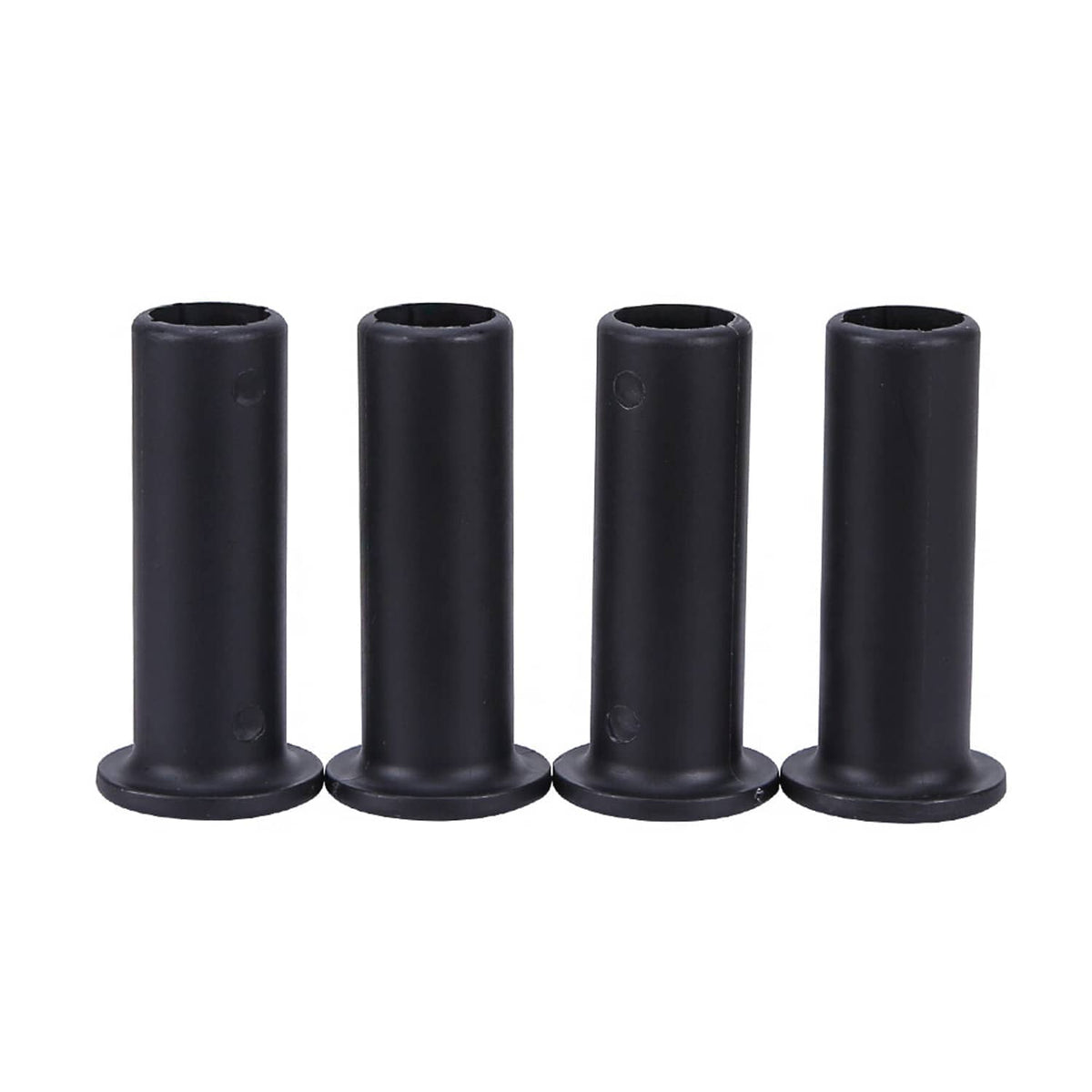 Black A-arm bushings, four cylindrical pieces with flanged bases and center openings