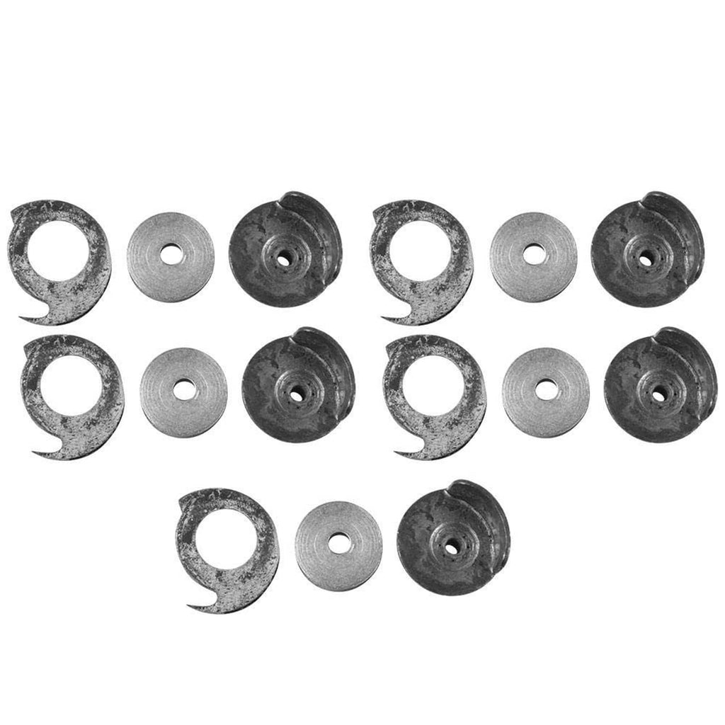 Shoe mending bobbin set arranged with dark bobbin cases and matching gray bobbins