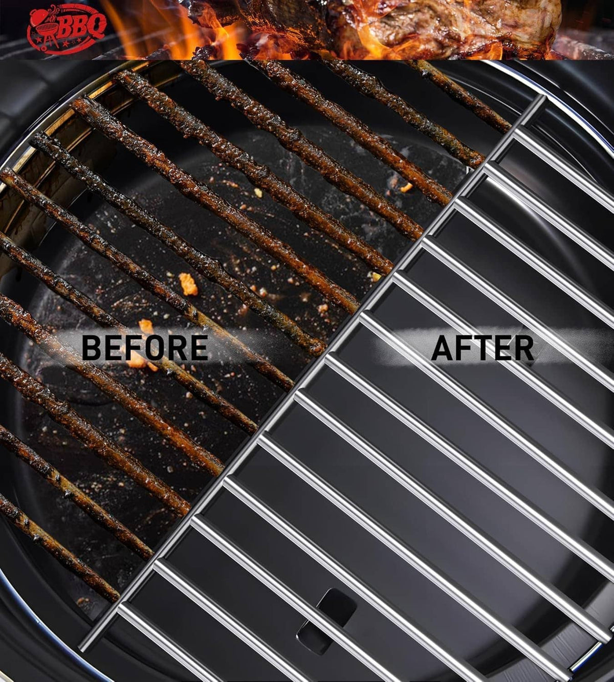 Before-and-after view of a grill grate with a cleaner after side