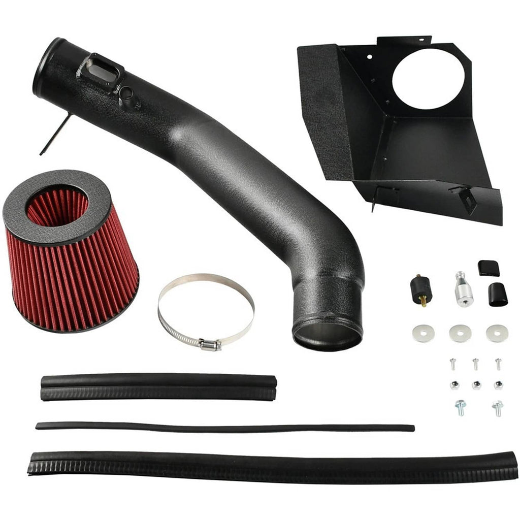 Cold air intake kit: black hoses, red filter, bracket, clamps, and hardware