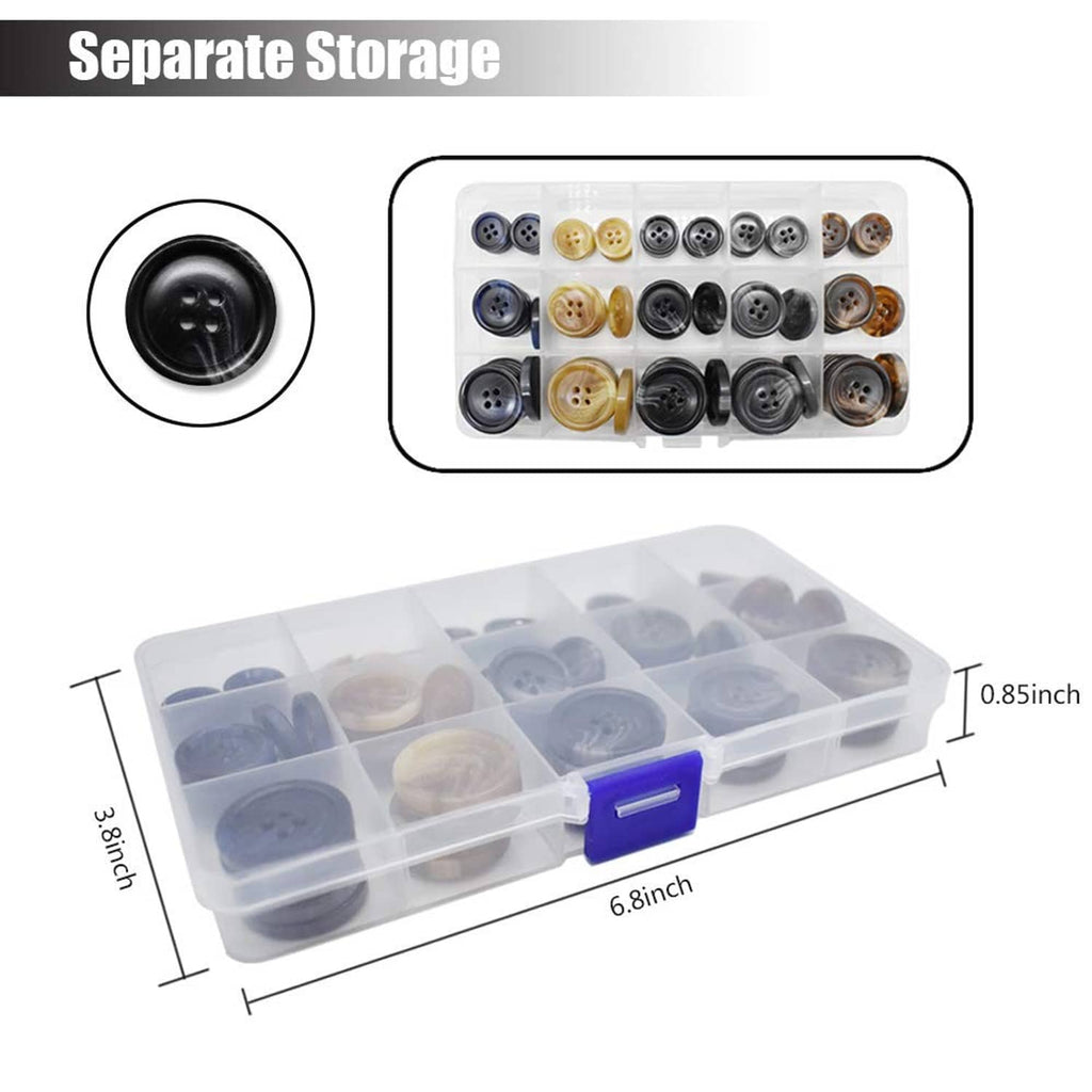Clear plastic button storage case with separate compartments and assorted faux buffalo buttons