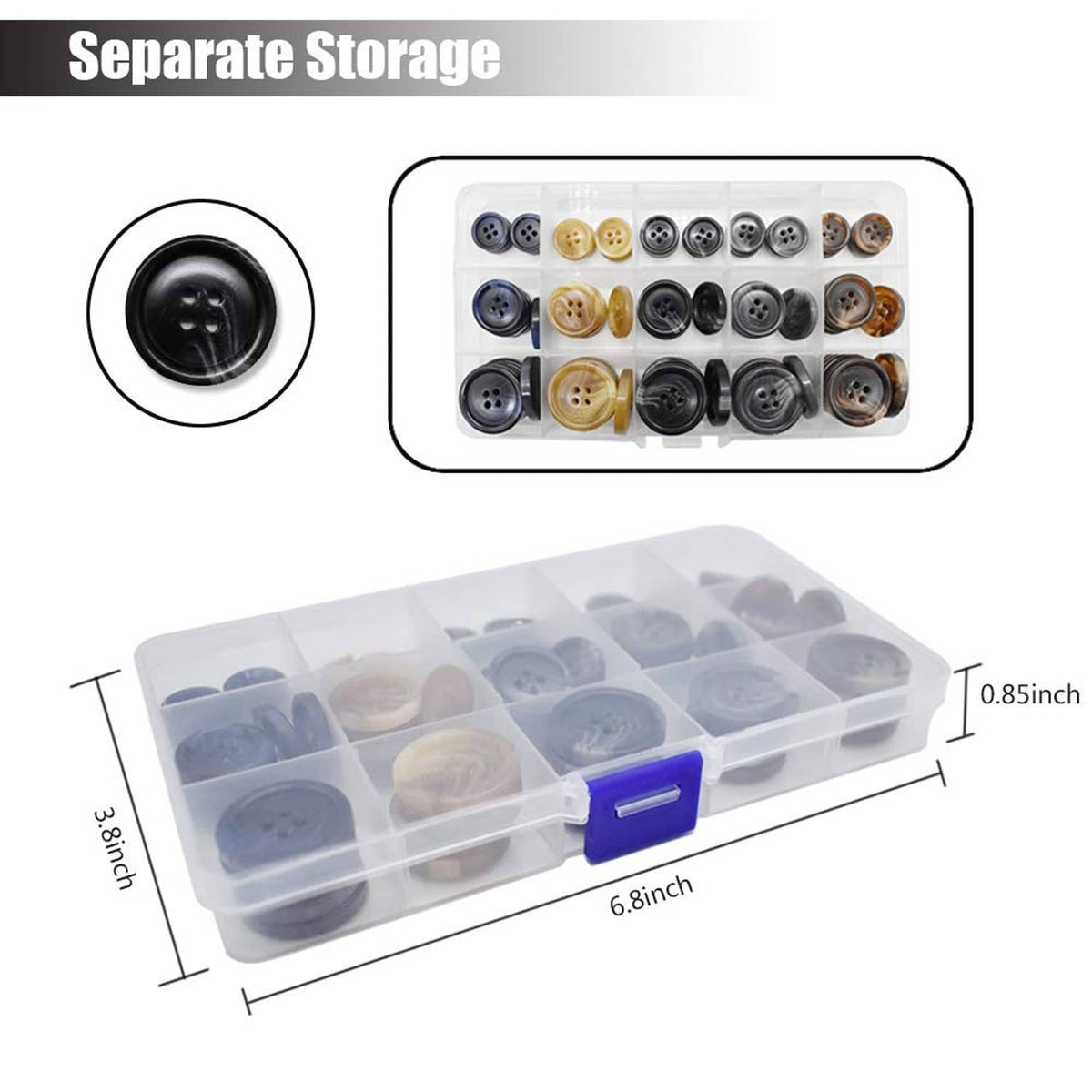 Clear plastic button storage case with separate compartments and assorted faux buffalo buttons