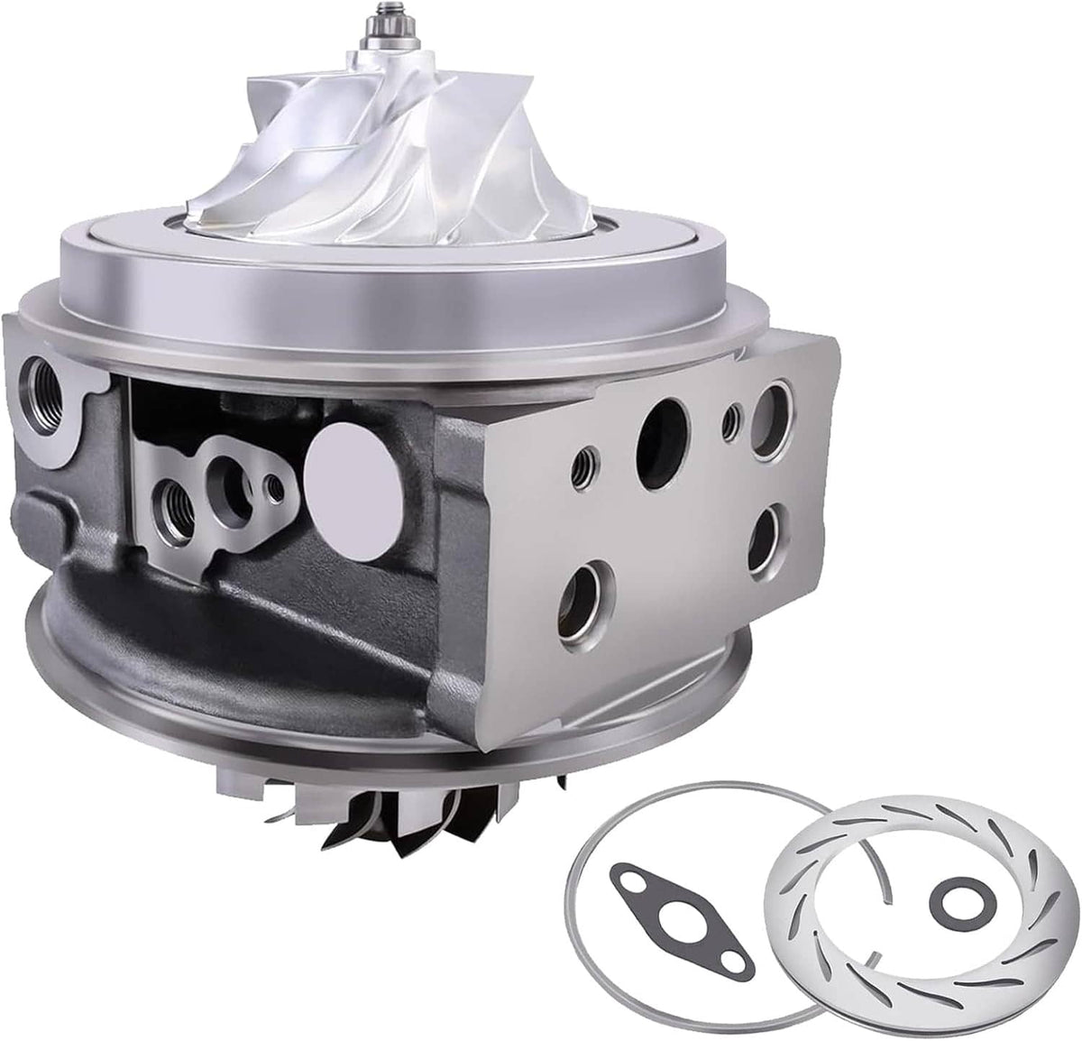 Turbo cartridge CHRA with vented metal housing, turbine side, and gasket pieces.
