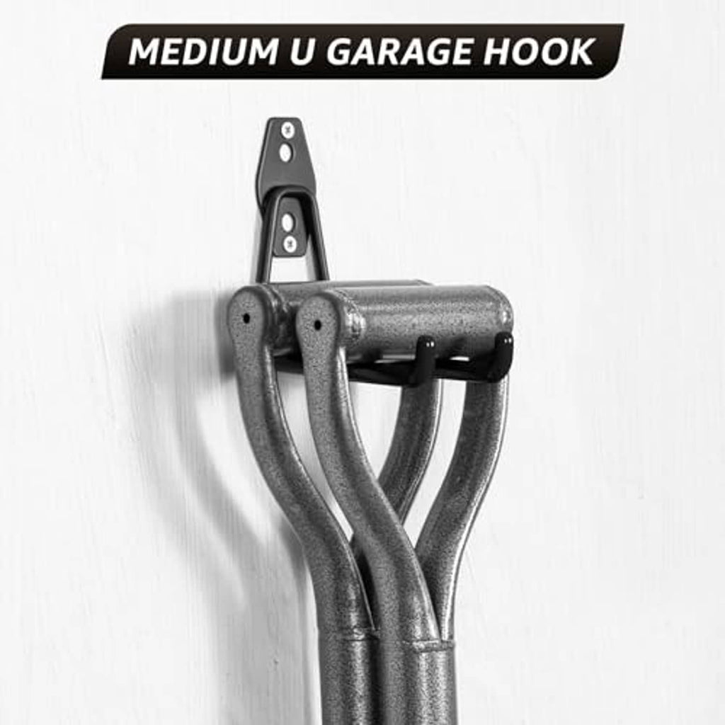 Medium black garage hook with two curved arms for hanging items
