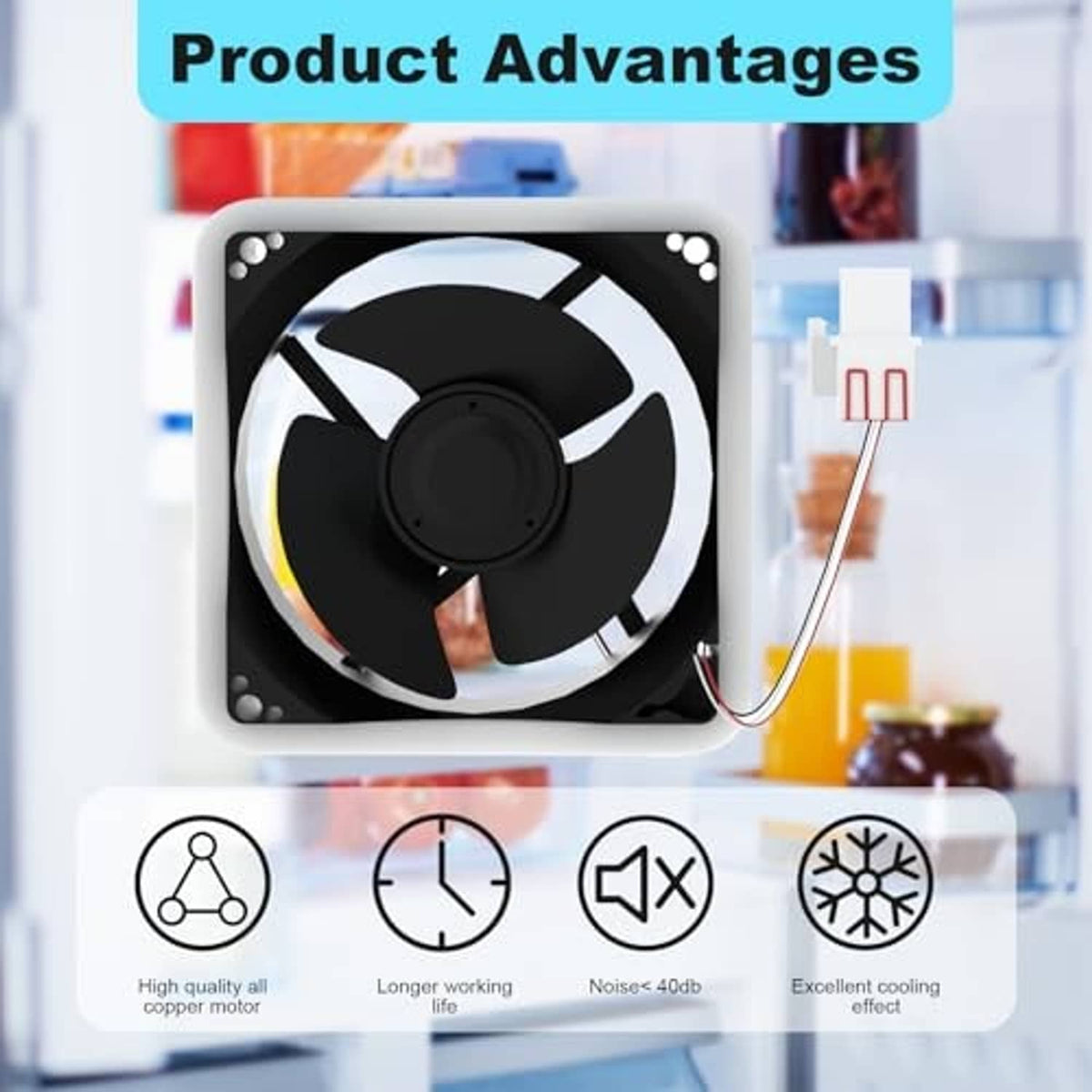 Refrigerator evaporator fan motor showing circular fan blades inside black square frame