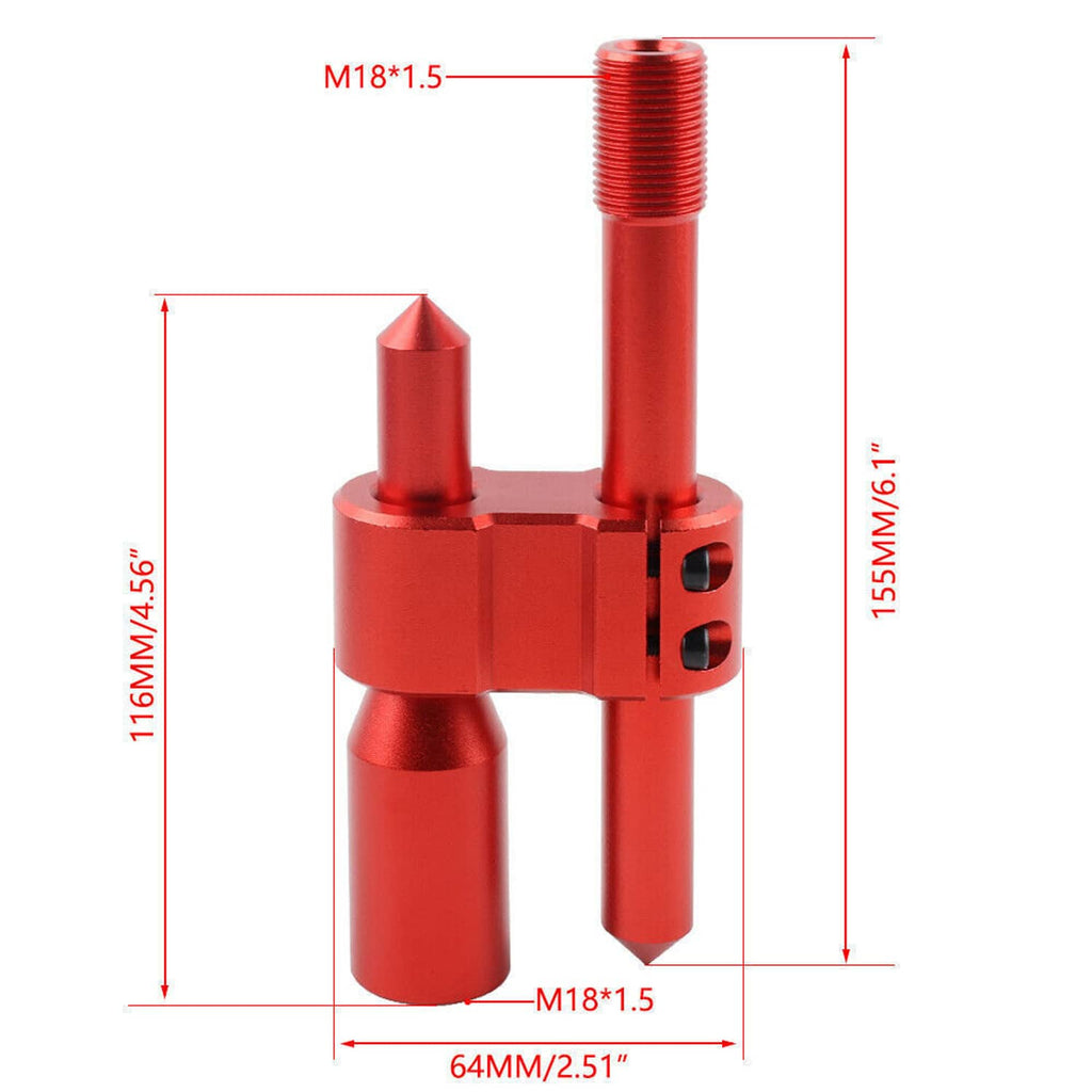 Red anodized H-type shift knob extender with M18x1.5 threads and vertical height dimensions