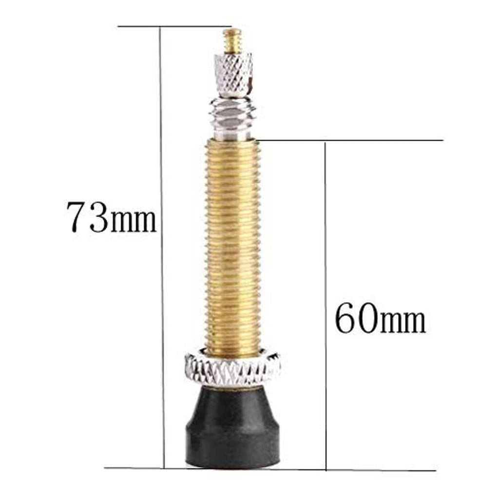 Brass valve stem adapter with black base, shows 60mm length and 73mm overall