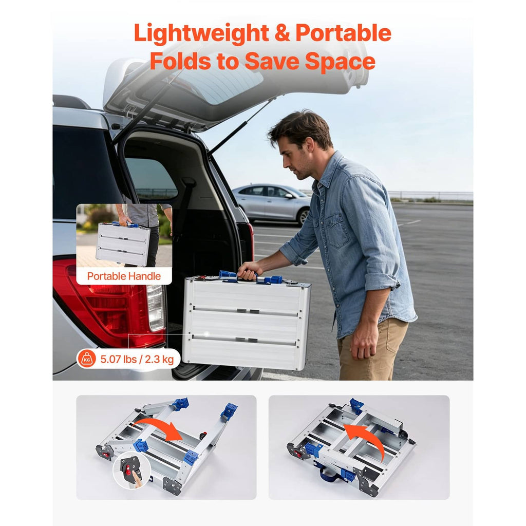 Folded work platform in trunk; compact white platform with blue hardware and handle
