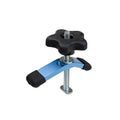 Blue T-track hold-down clamp with black hand knobs and threaded bolt