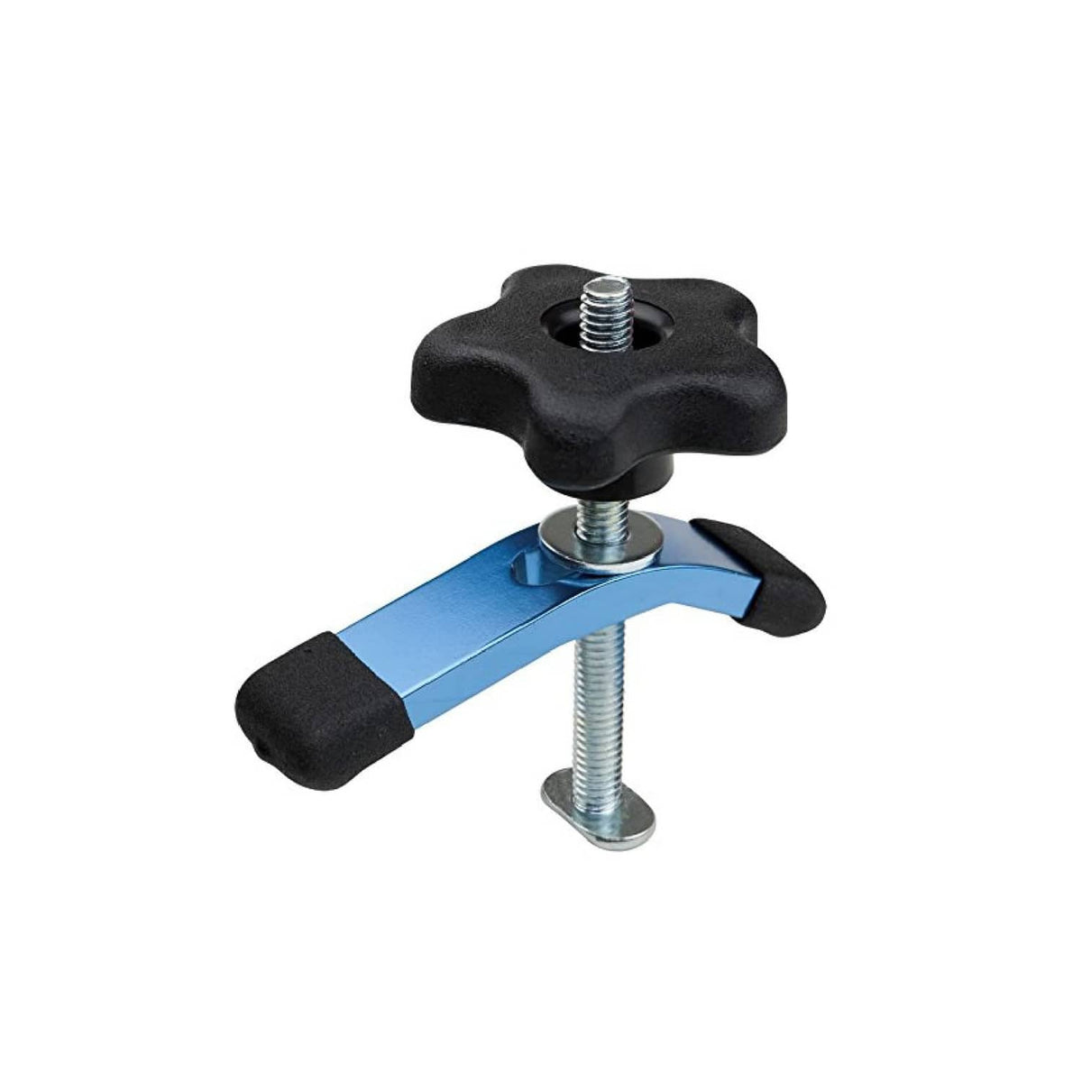 Blue T-track hold-down clamp with black hand knobs and threaded bolt