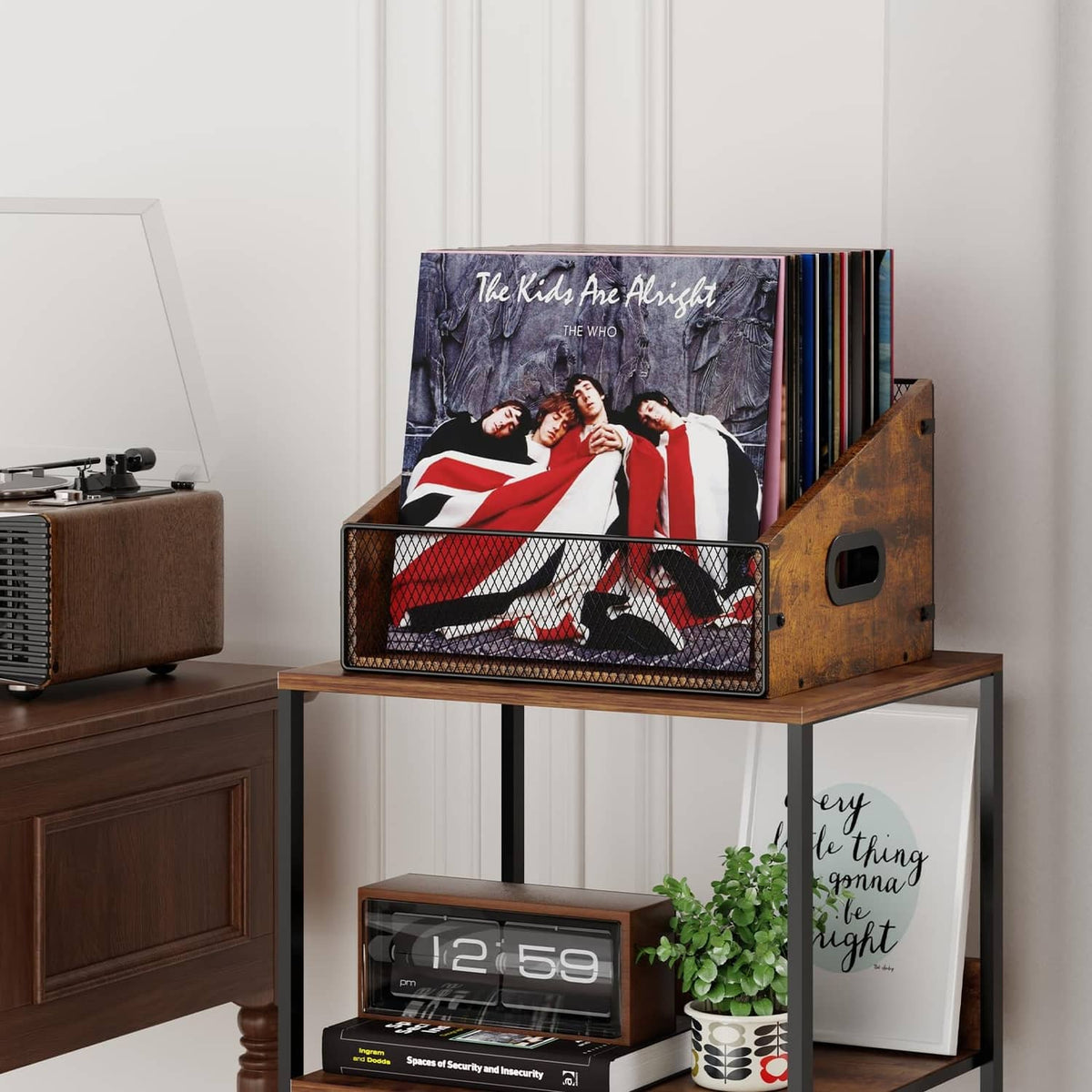 Vinyl record storage crate with black mesh front and side handle cutouts on a shelf