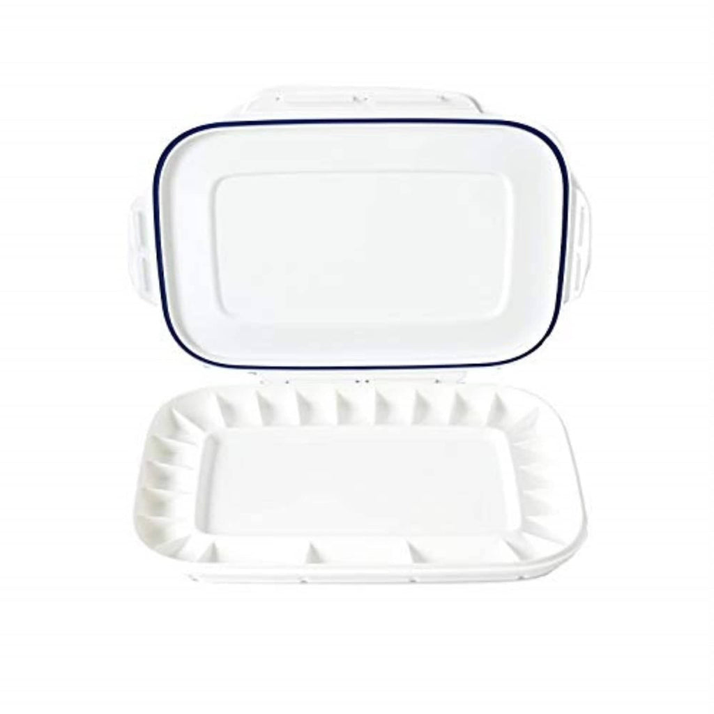 White rectangular silicone wire cover case with blue edge, open ribbed interior
