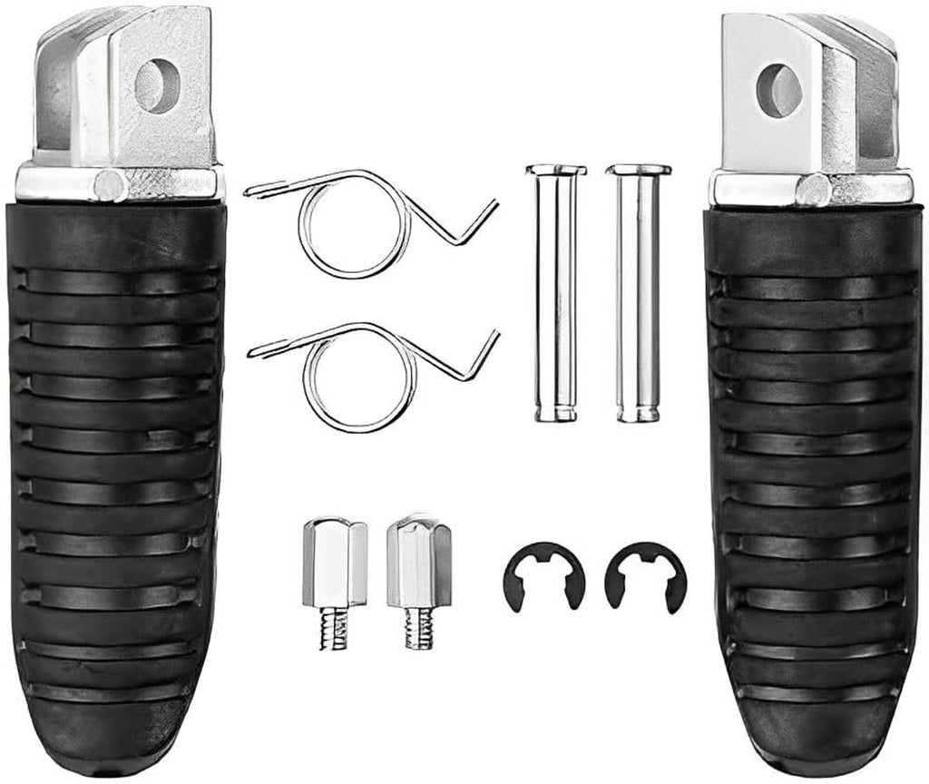 Front foot pegs set: two black rubber rests with silver brackets, plus springs and pins.