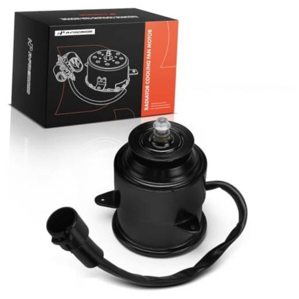 Radiator fan motor assembly with black housing, mounting bracket, and attached wiring