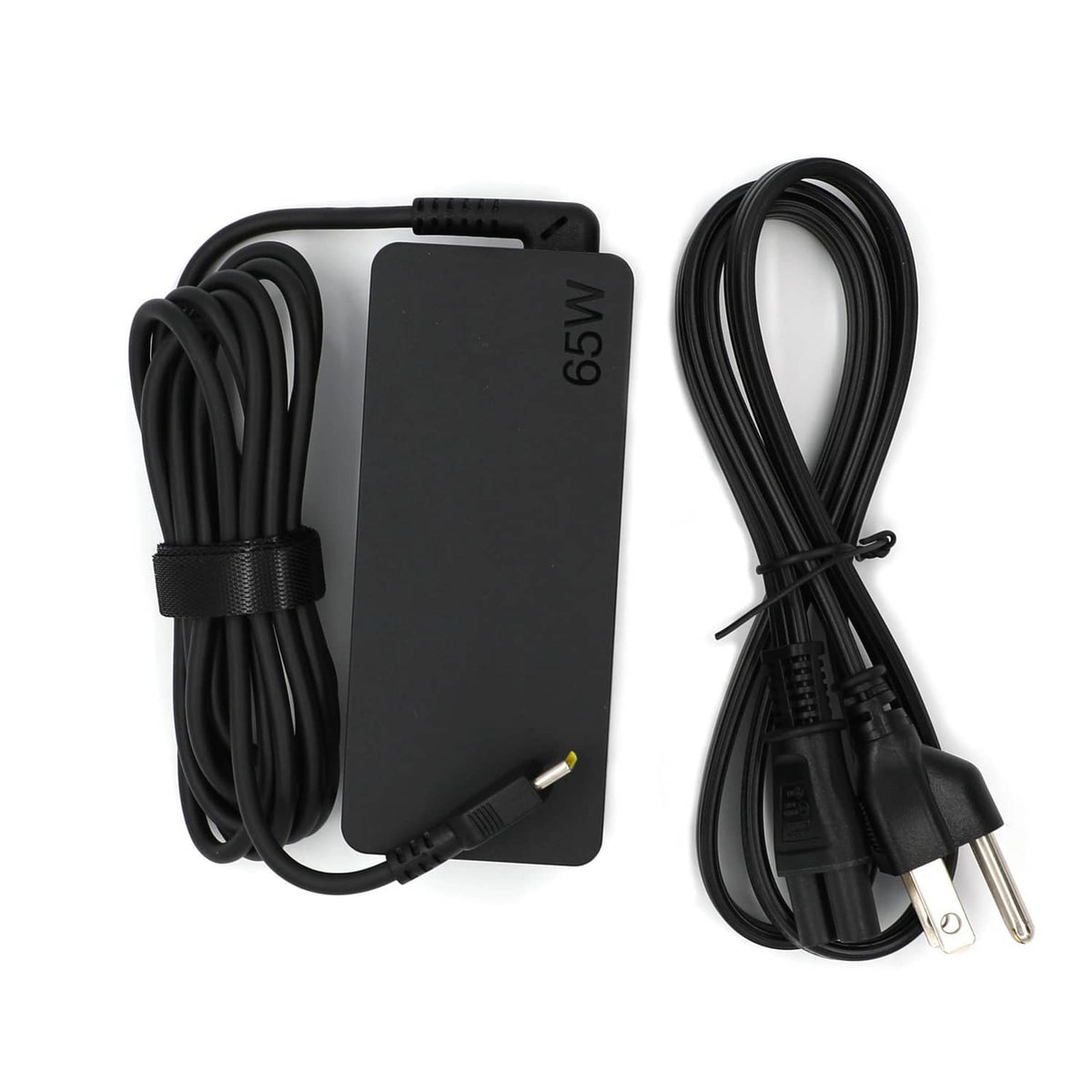 Black 65W USB-C power adapter with two cables, bundled with tie straps