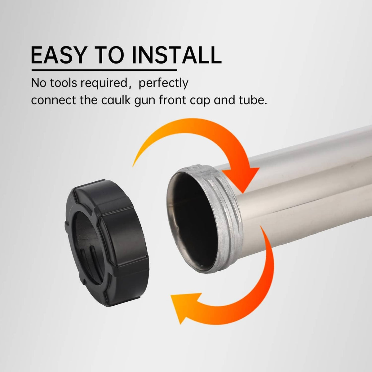 Caulking gun tube with front cap being fitted for quick install
