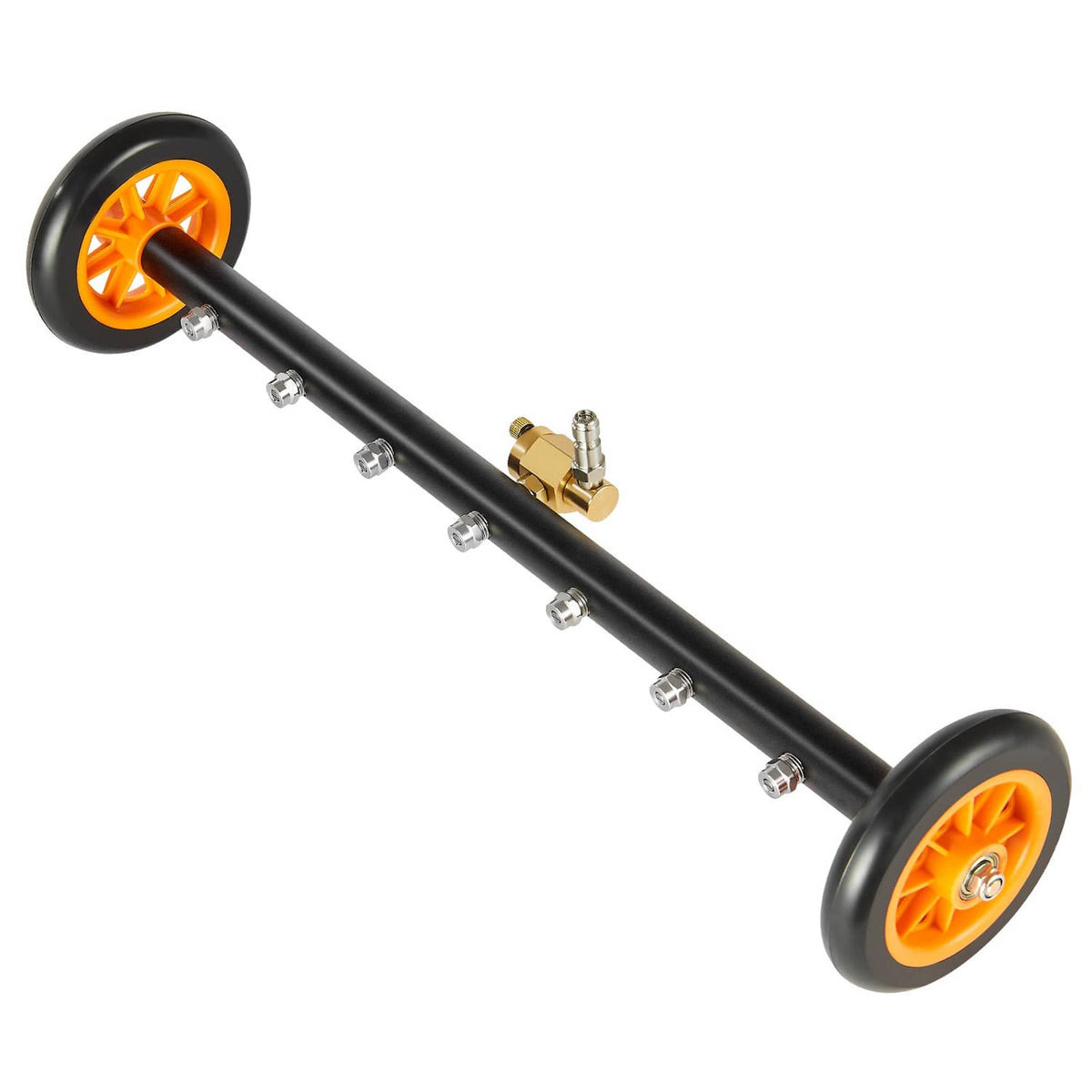 Black pressure washer undercarriage cleaner bar with orange wheel hubs and gold water inlet
