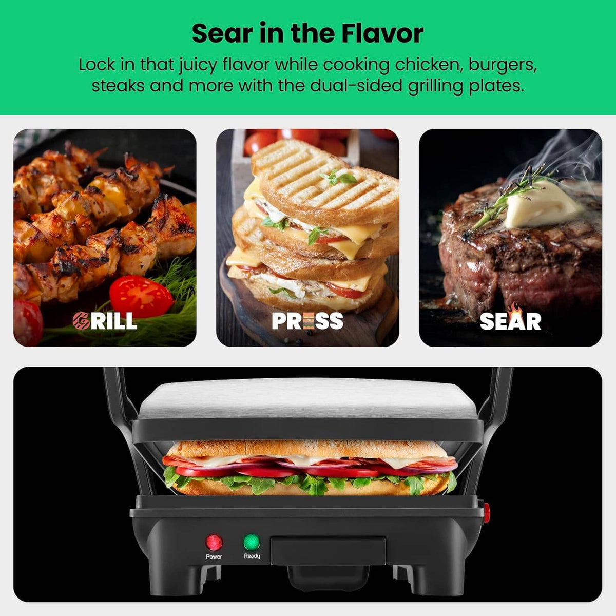Dual-sided sandwich press grill with ribbed plates and press/grill/sering functions