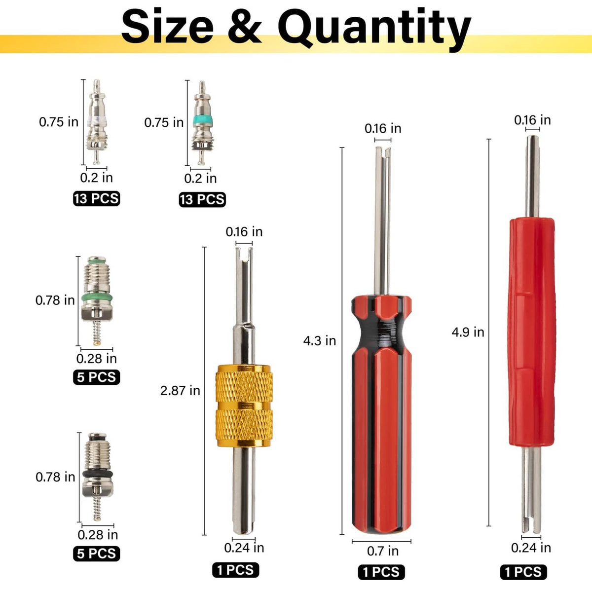 Schrader valve core remover tools set with red handles and gold coupler