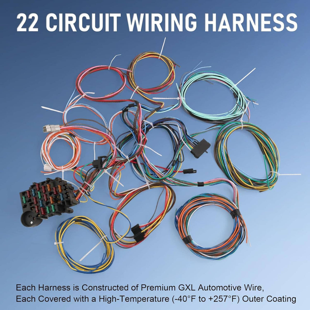 Universal 22-circuit wiring harness with assorted wire loops and connector modules