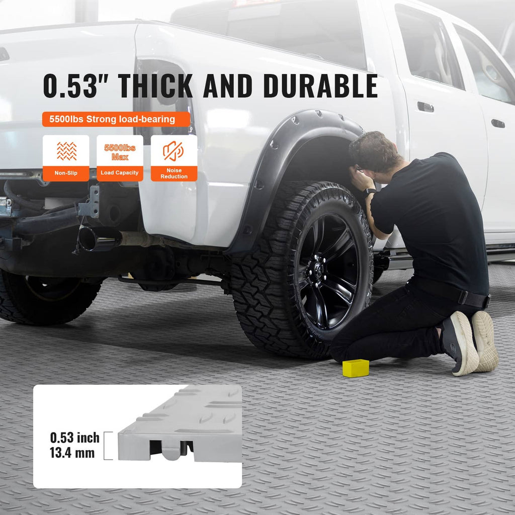 Silver thick interlocking garage floor tiles with textured surface for heavy-duty use