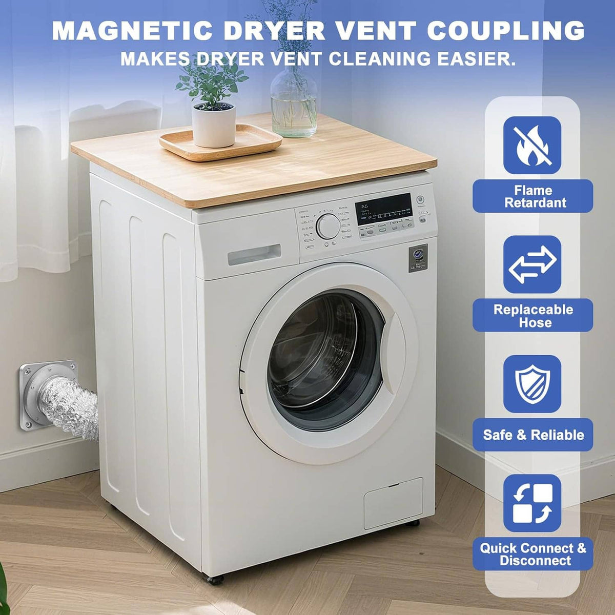 Dryer with magnetic vent coupling attached to crimped foil exhaust hose