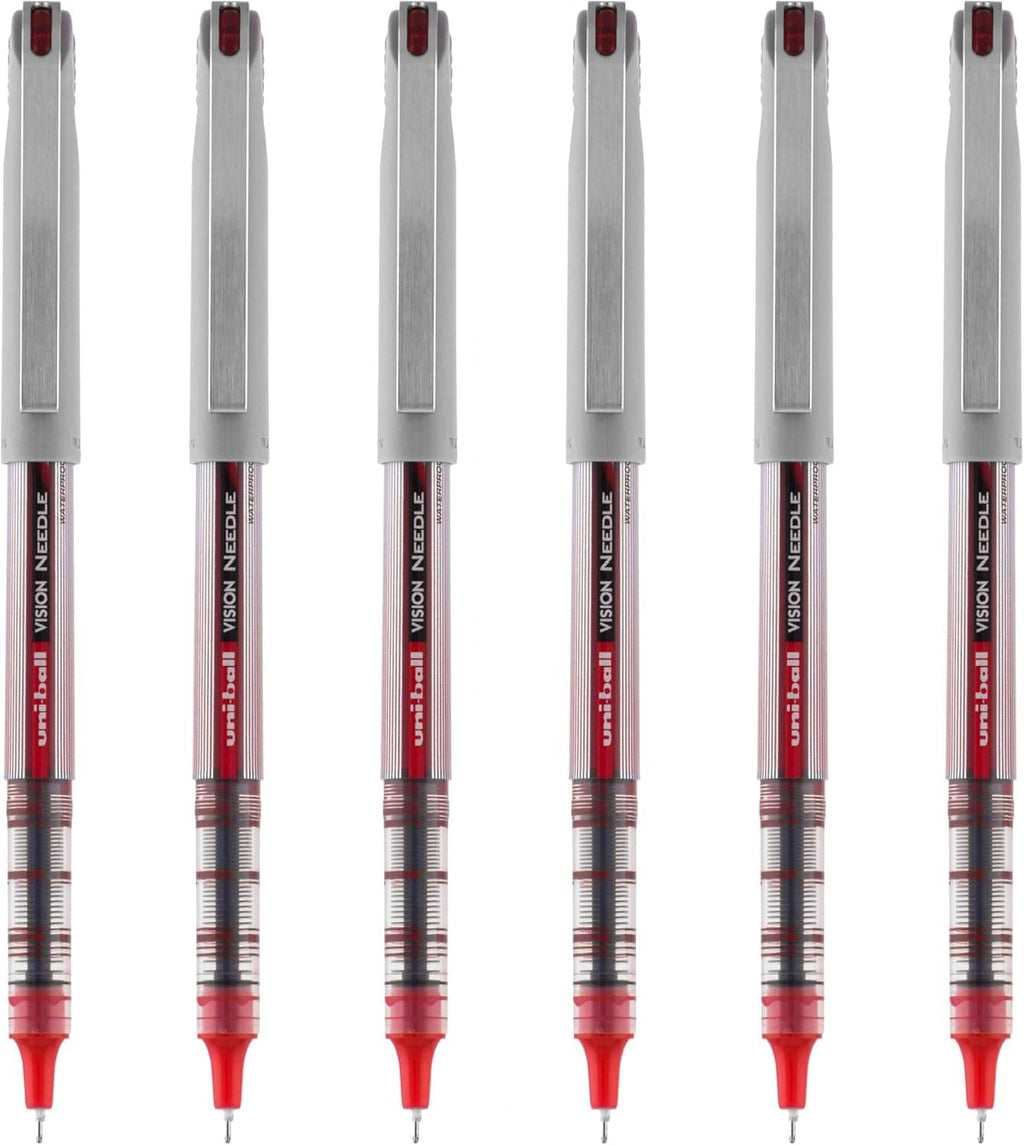 Set of 6 red-ink needle-tip pens with red tips and gray-and-clear barrels.