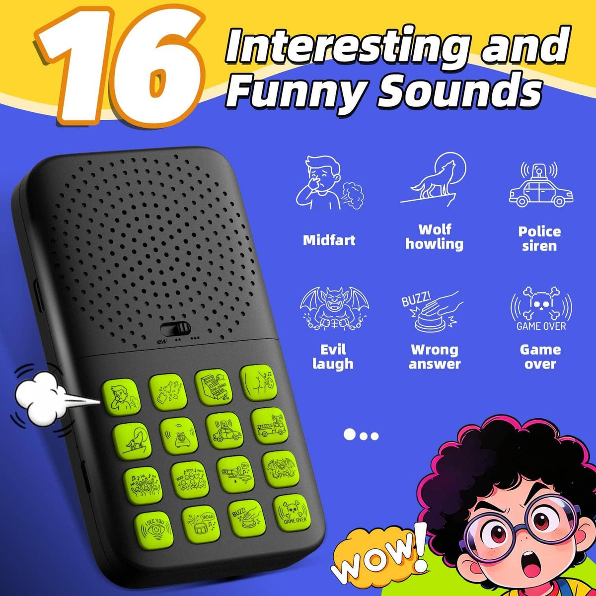 Black wireless sound effects remote with green button keypad and built-in speaker grille