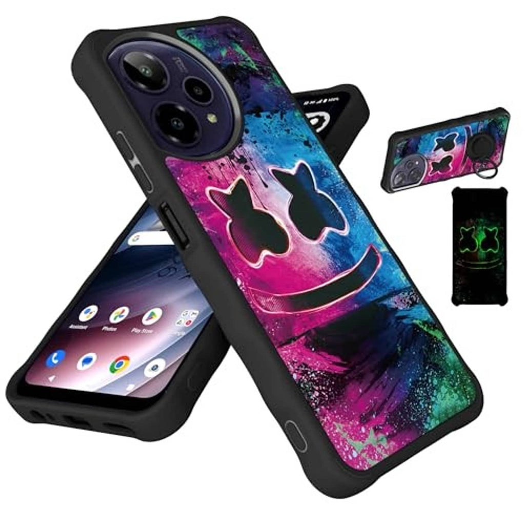 Phone case for Verge 2 with neon cat graffiti design, black border, and camera cutouts