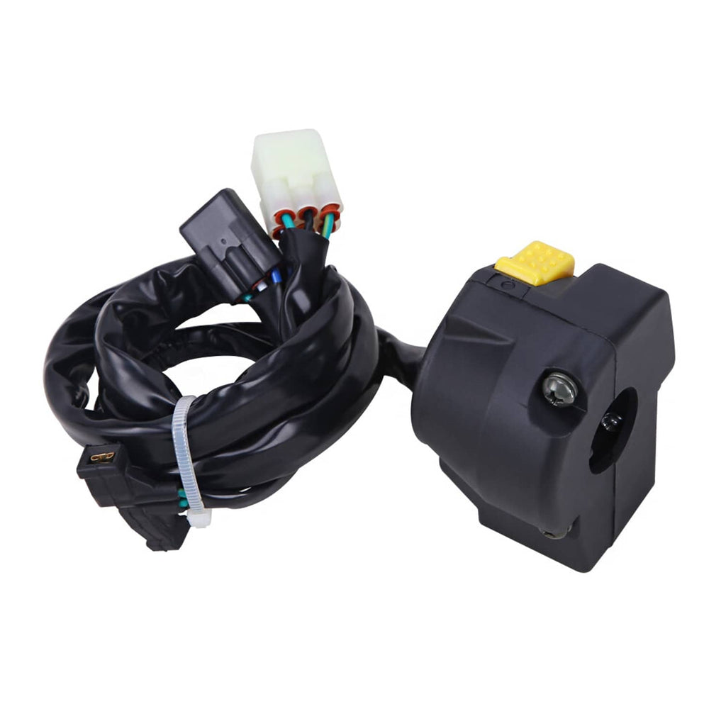 Motorcycle handlebar switch with wiring connector block, black housing with yellow button