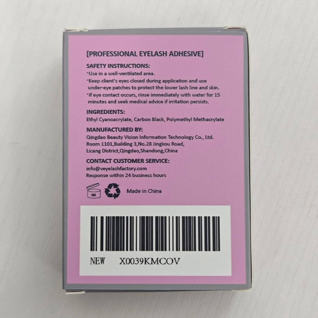 VEYES inc eyelash adhesive box back with safety, ingredients, and barcode label