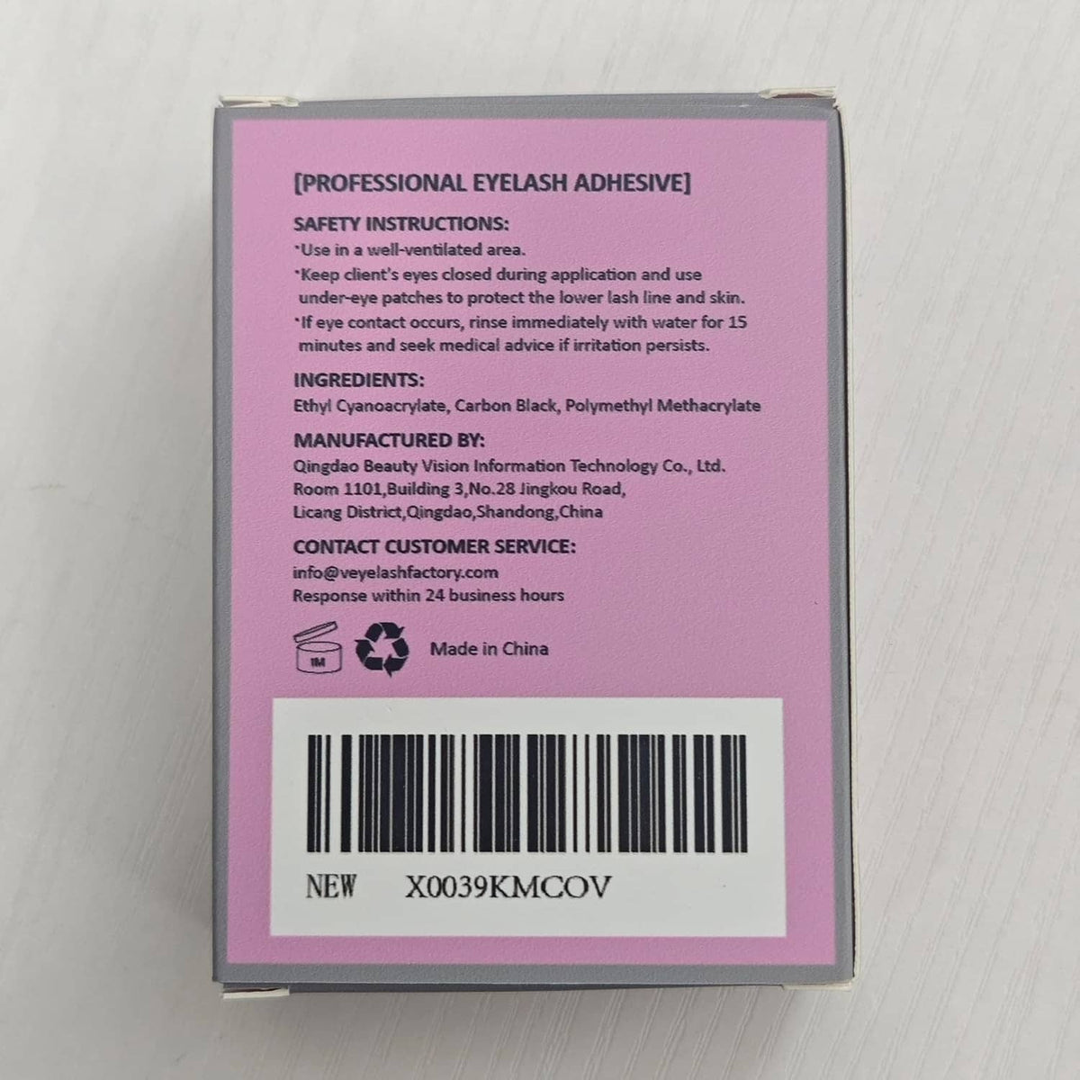 VEYES inc eyelash adhesive box back with safety, ingredients, and barcode label