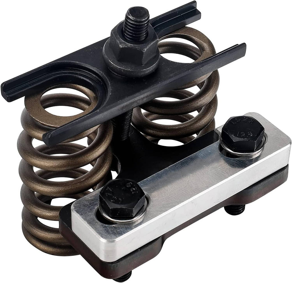 Valve spring compressor tool with black spring arms and silver metal frame, two hex caps