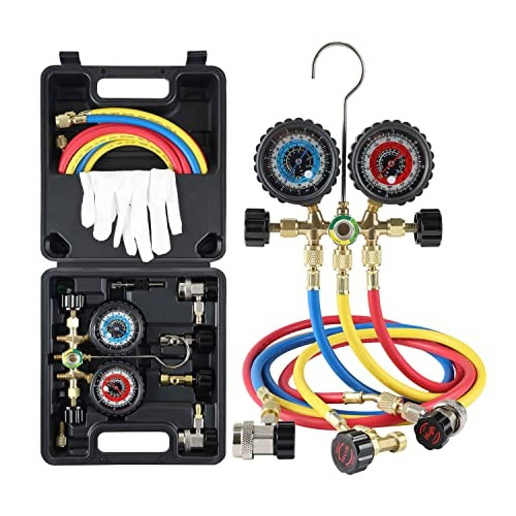 A/C diagnostic manifold gauge set with two gauges, color-coded hoses, and storage case