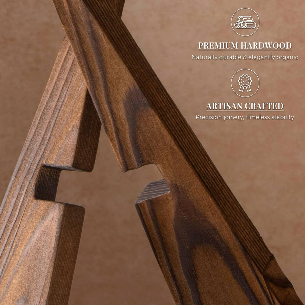 Brown hardwood plate stand with crossbeam and flat base, textured wood grain