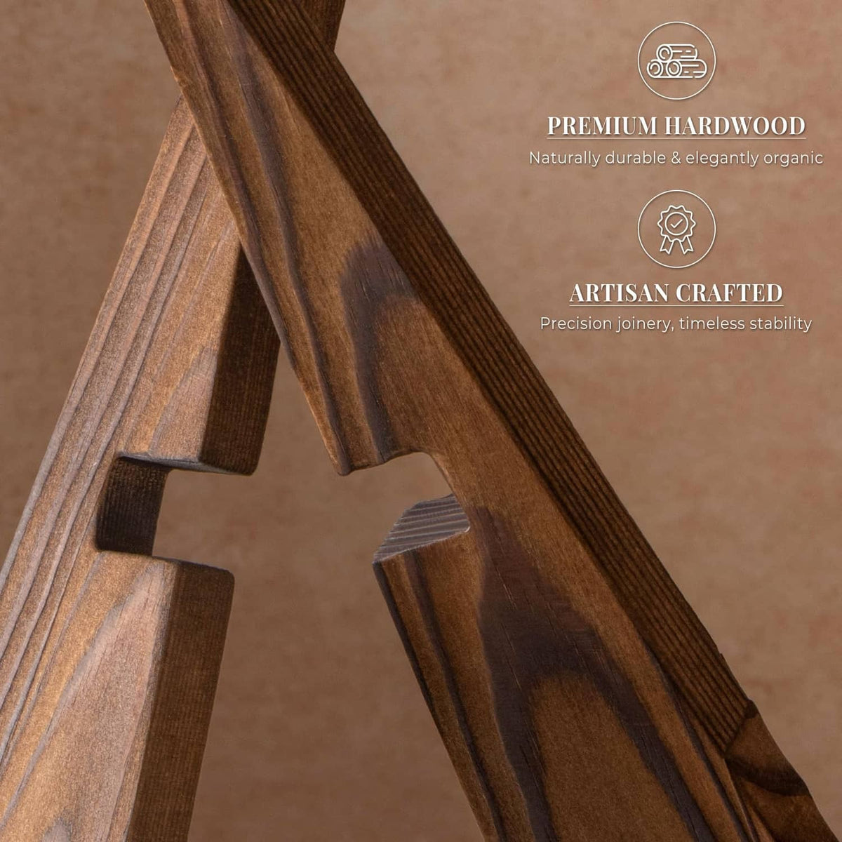 Brown hardwood plate stand with crossbeam and flat base, textured wood grain