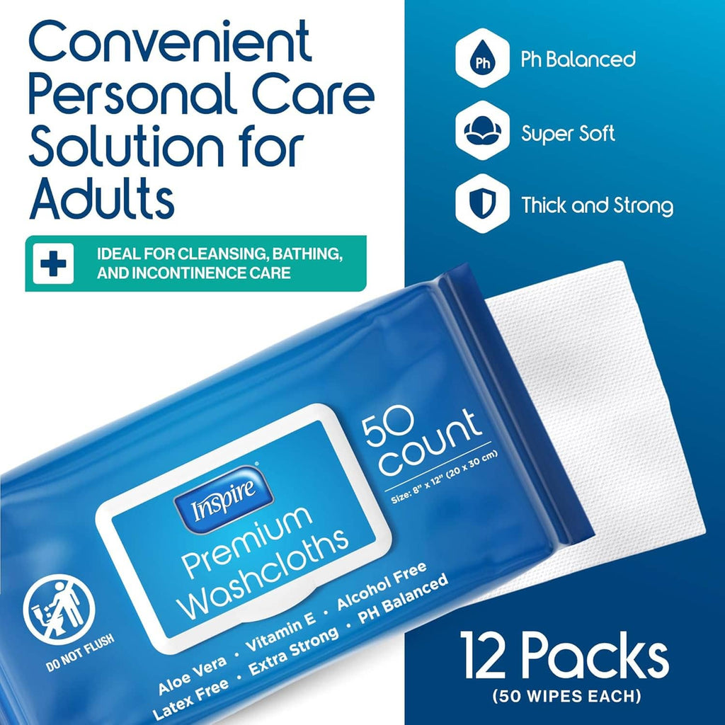 Adult personal care washcloth wipes pack with folded white wipe and blue backing