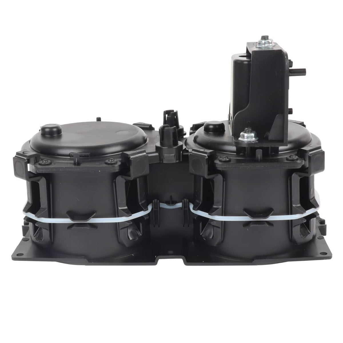 Black cup holder base assembly with two round cups and metal mounting posts