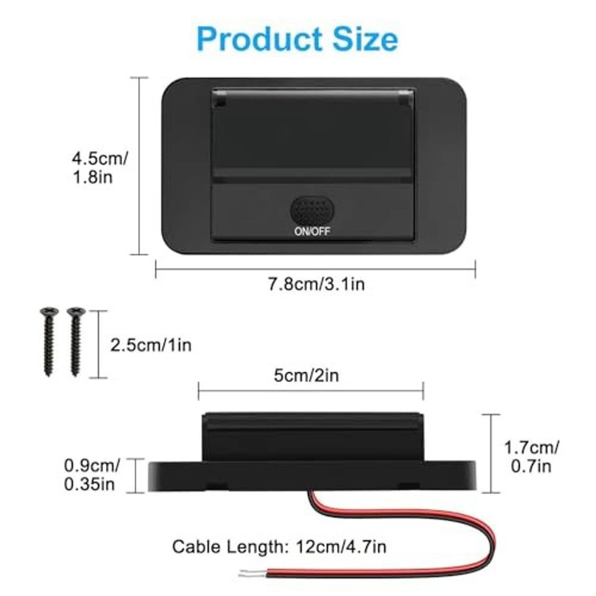 Compact black car USB outlet with ON/OFF switch, shown with product size dimensions