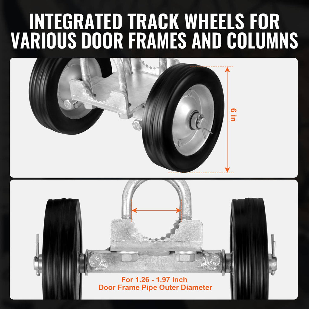 Sliding gate caster kit showing two black wheels and galvanized track wheel bracket