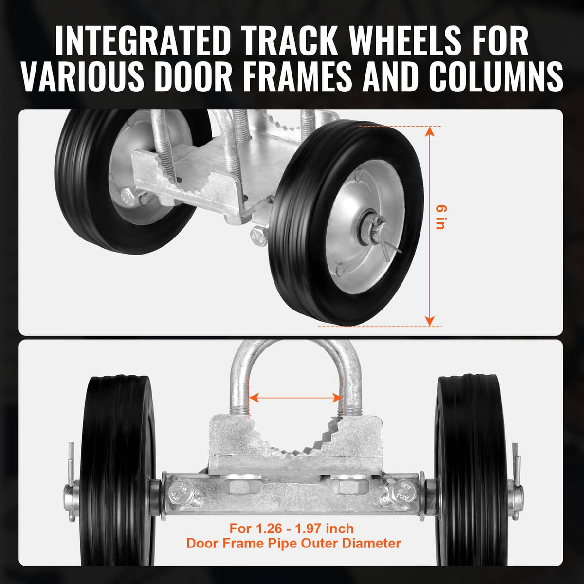 Sliding gate caster kit showing two black wheels and galvanized track wheel bracket